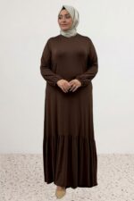 Büyük Beden Eteği Fırfrılı Penye Elbise - Kahve - 52034 - Görsel 2
