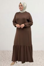 Büyük Beden Eteği Fırfrılı Penye Elbise - Kahve - 52034 - Görsel 4