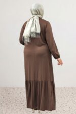Büyük Beden Eteği Fırfrılı Penye Elbise - Kahve - 52034 - Görsel 5