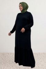 Büyük Beden Eteği Fırfrılı Penye Elbise - Siyah - 52034 - Görsel 2