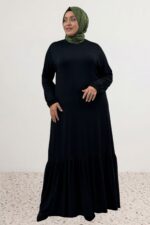 Büyük Beden Eteği Fırfrılı Penye Elbise - Siyah - 52034 - Görsel 4