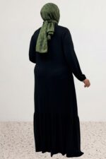 Büyük Beden Eteği Fırfrılı Penye Elbise - Siyah - 52034 - Görsel 5