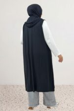 Büyük Beden Çıtçıtlı Kapüşonlu Penye Yelek - Siyah - 34001 - Görsel 5