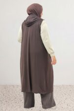 Büyük Beden Çıtçıtlı Kapüşonlu Penye Yelek - Koyu Kahve - 34001 - Görsel 5