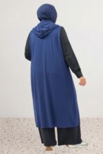 Büyük Beden Çıtçıtlı Kapüşonlu Penye Yelek - Lacivert - 34001 - Görsel 5