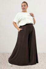 Büyük Beden Beli Lastikli Penye Etek Pantolon - Kahve - 49003 - Görsel 4