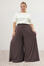 Büyük Beden Beli Lastikli Penye Etek Pantolon - Kahve - 49003 - Görsel 2