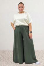 Büyük Beden Beli Lastikli Penye Etek Pantolon - Haki - 49003 - Görsel 2