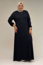Büyük Beden Kolu Lastikli Penye Elbise - Lacivert - 22008 - Görsel 2