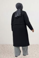 Büyük Beden Hakim Yaka Fermuarlı Kapitone Kap - Siyah - 63034 - Görsel 6